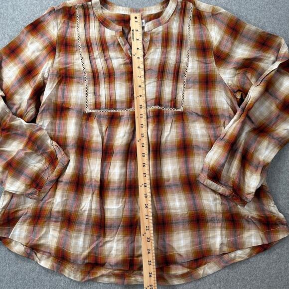 Da-sh Plaid Peasant Blouse Women's XL Long Sleeve Orange Cream Red Boho Button - Picture 5 of 8